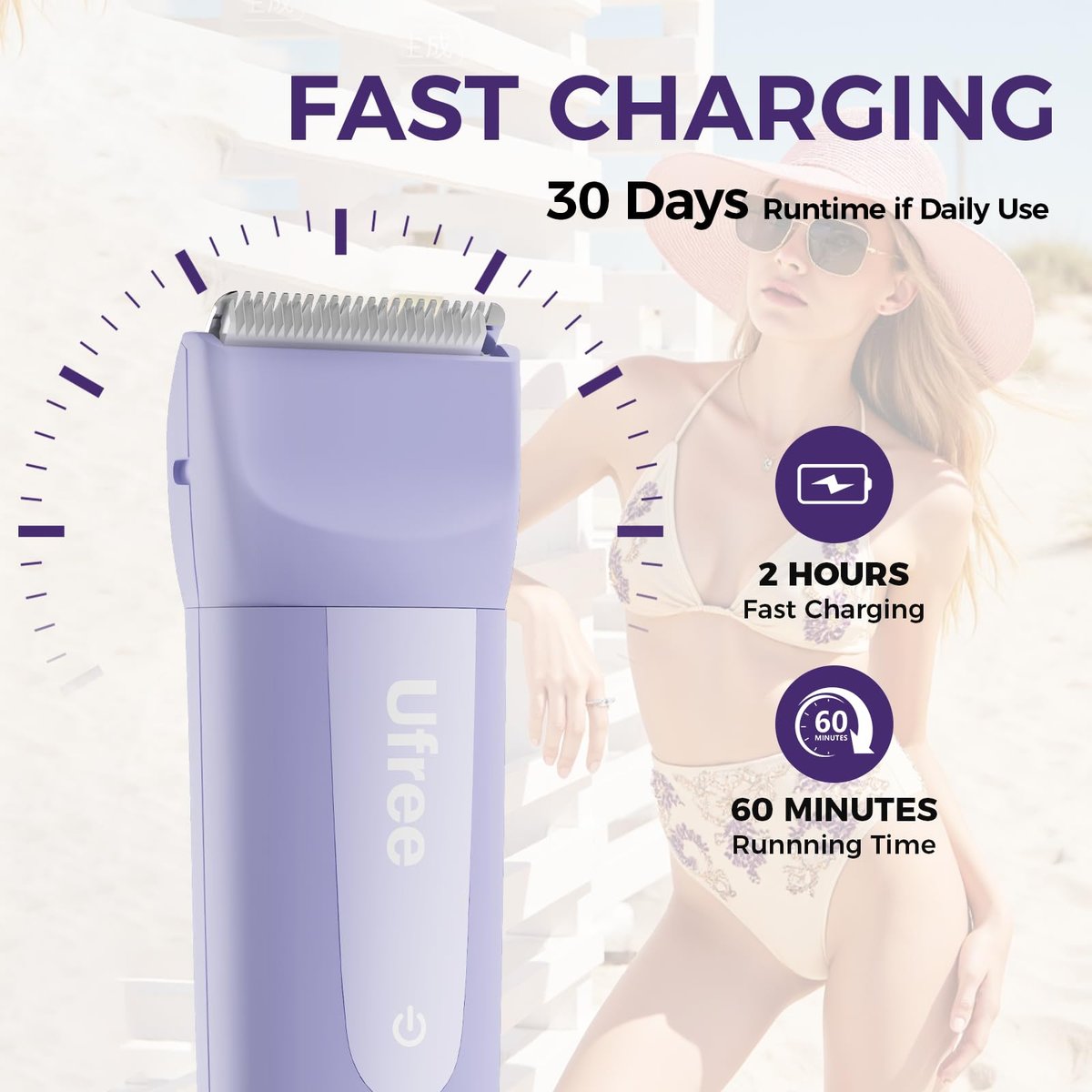 Ufree 3-in-1 Women's Electric Razor with Ceramic Blades, IPX7 Waterproof Bikini Trimmer for Women, Cordless Rechargeable Shaver for Legs, Armpit - Valentine's Gifts for Women (Purple) Avelisse