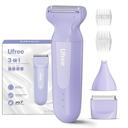 Ufree 3-in-1 Women's Electric Razor with Ceramic Blades, IPX7 Waterproof Bikini Trimmer for Women, Cordless Rechargeable Shaver for Legs, Armpit - Valentine's Gifts for Women (Purple) Avelisse