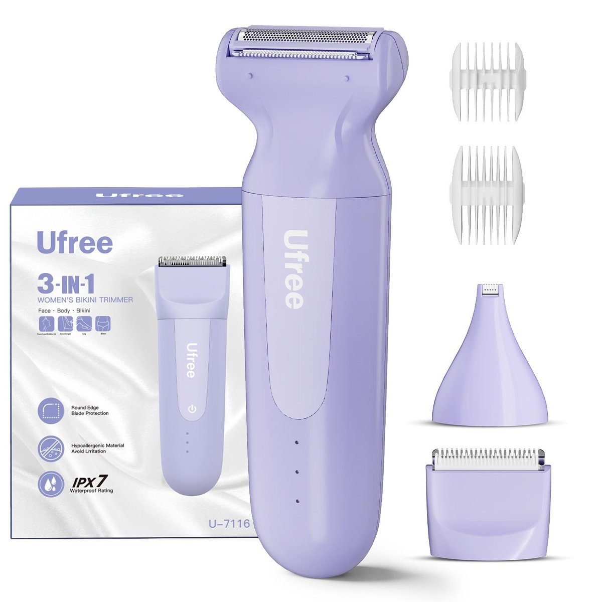 Ufree 3-in-1 Women's Electric Razor with Ceramic Blades, IPX7 Waterproof Bikini Trimmer for Women, Cordless Rechargeable Shaver for Legs, Armpit - Valentine's Gifts for Women (Purple) Avelisse