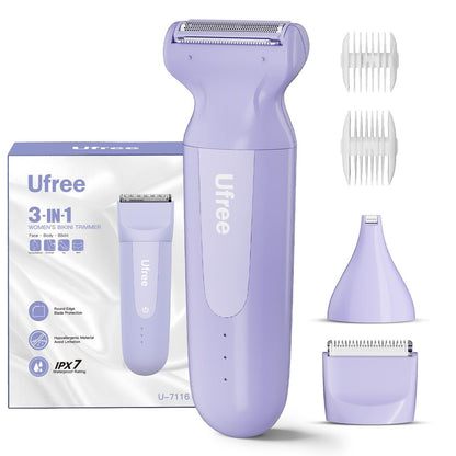 Ufree 3-in-1 Women's Electric Razor with Ceramic Blades, IPX7 Waterproof Bikini Trimmer for Women, Cordless Rechargeable Shaver for Legs, Armpit - Valentine's Gifts for Women (Purple) Avelisse