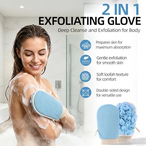 2-in-1 Exfoliating Glove for Self Tan Removal & Daily Shower, Dual-Sided Korean Body Scrubber Mitt with Loofah Sponge, Dead Skin Remover for KP, Ingrown Hair & Smooth Skin Avelisse