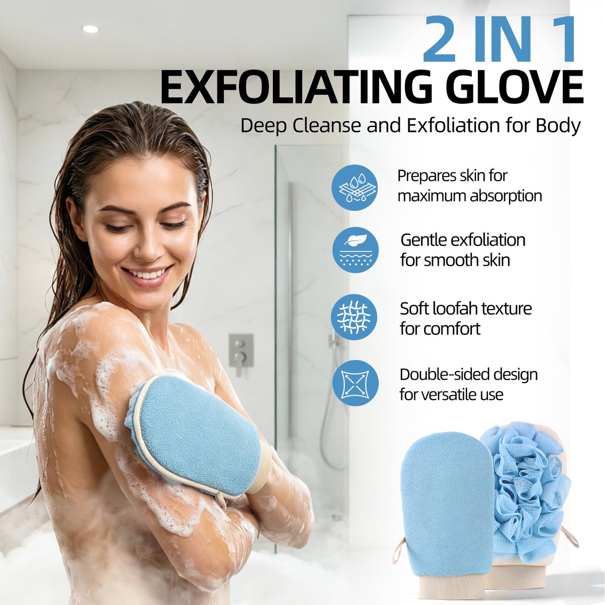 2-in-1 Exfoliating Glove for Self Tan Removal & Daily Shower, Dual-Sided Korean Body Scrubber Mitt with Loofah Sponge, Dead Skin Remover for KP, Ingrown Hair & Smooth Skin Avelisse