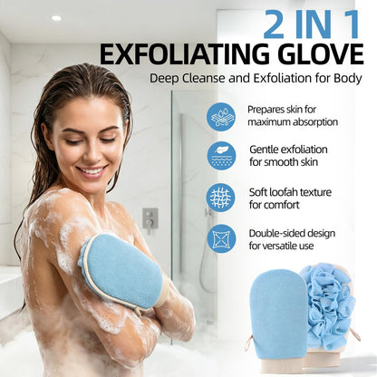 2-in-1 Exfoliating Glove for Self Tan Removal & Daily Shower, Dual-Sided Korean Body Scrubber Mitt with Loofah Sponge, Dead Skin Remover for KP, Ingrown Hair & Smooth Skin Avelisse