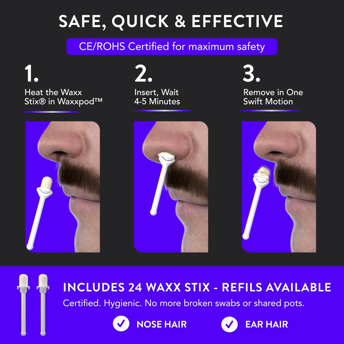 WaxxPod™ Nose Hair & Ear Hair Remover - USB Powered Waxing Kit with 24 STIX Avelisse
