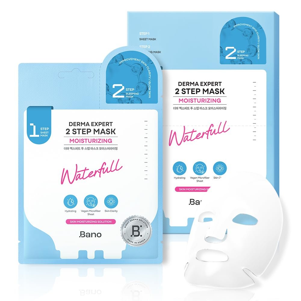 Bano Derma Expert 2 Step Moisturizing Face Mask – 2 in 1 Hydrating Sheet & Sleeping Mask with Hyaluronic Acid, Ceramide & Niacinamide | Supports Skin Barrier & Glow | Korean Skincare | 7 Sheets - görsel 1