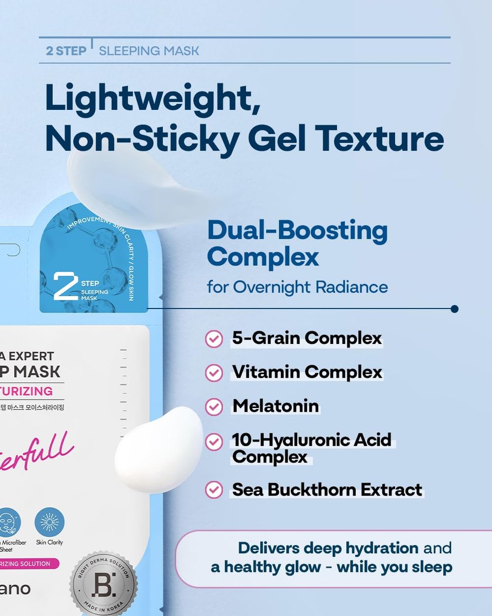 Bano Derma Expert 2 Step Moisturizing Face Mask – 2 in 1 Hydrating Sheet & Sleeping Mask with Hyaluronic Acid, Ceramide & Niacinamide | Supports Skin Barrier & Glow | Korean Skincare | 7 Sheets - görsel 9