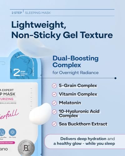 Bano Derma Expert 2 Step Moisturizing Face Mask – 2 in 1 Hydrating Sheet & Sleeping Mask with Hyaluronic Acid, Ceramide & Niacinamide | Supports Skin Barrier & Glow | Korean Skincare | 7 Sheets