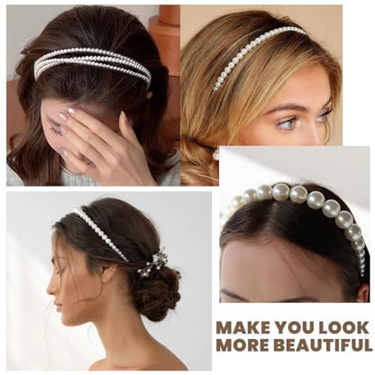 YONOY Pearl Headbands for Women - White Faux Pearl Hair Accessories, 6 Pack, Dainty Bling Hairbands for Wedding Events