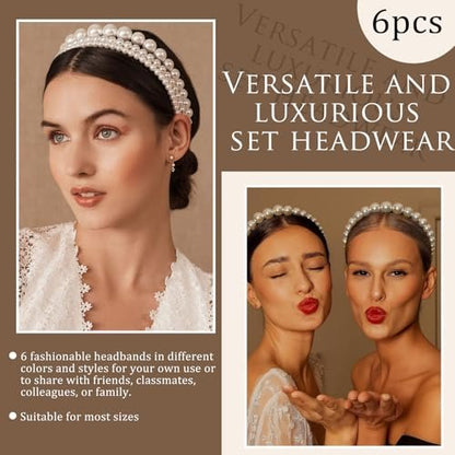 YONOY Pearl Headbands for Women - White Faux Pearl Hair Accessories, 6 Pack, Dainty Bling Hairbands for Wedding Events