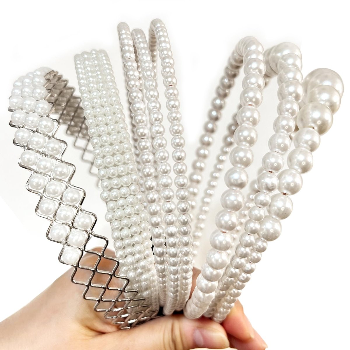 YONOY Pearl Headbands for Women - White Faux Pearl Hair Accessories, 6 Pack, Dainty Bling Hairbands for Wedding Events - görsel 1