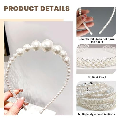 YONOY Pearl Headbands for Women - White Faux Pearl Hair Accessories, 6 Pack, Dainty Bling Hairbands for Wedding Events
