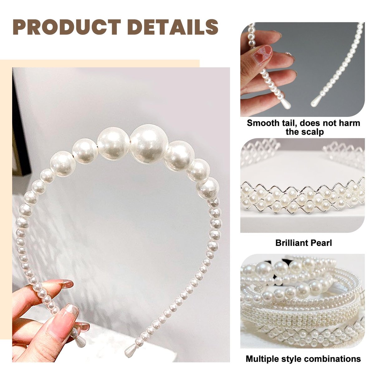 YONOY Pearl Headbands for Women - White Faux Pearl Hair Accessories, 6 Pack, Dainty Bling Hairbands for Wedding Events - görsel 3