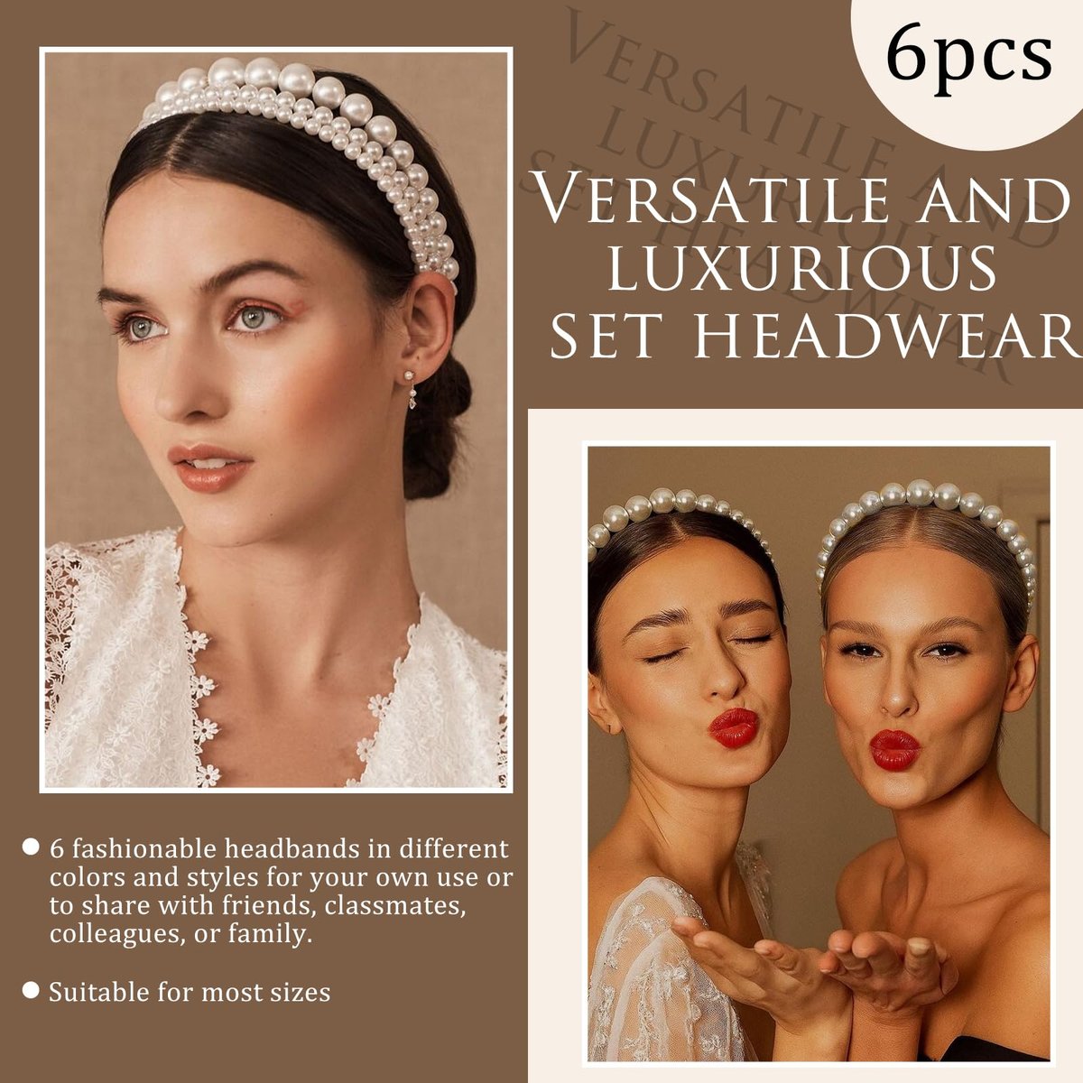 YONOY Pearl Headbands for Women - White Faux Pearl Hair Accessories, 6 Pack, Dainty Bling Hairbands for Wedding Events - görsel 9