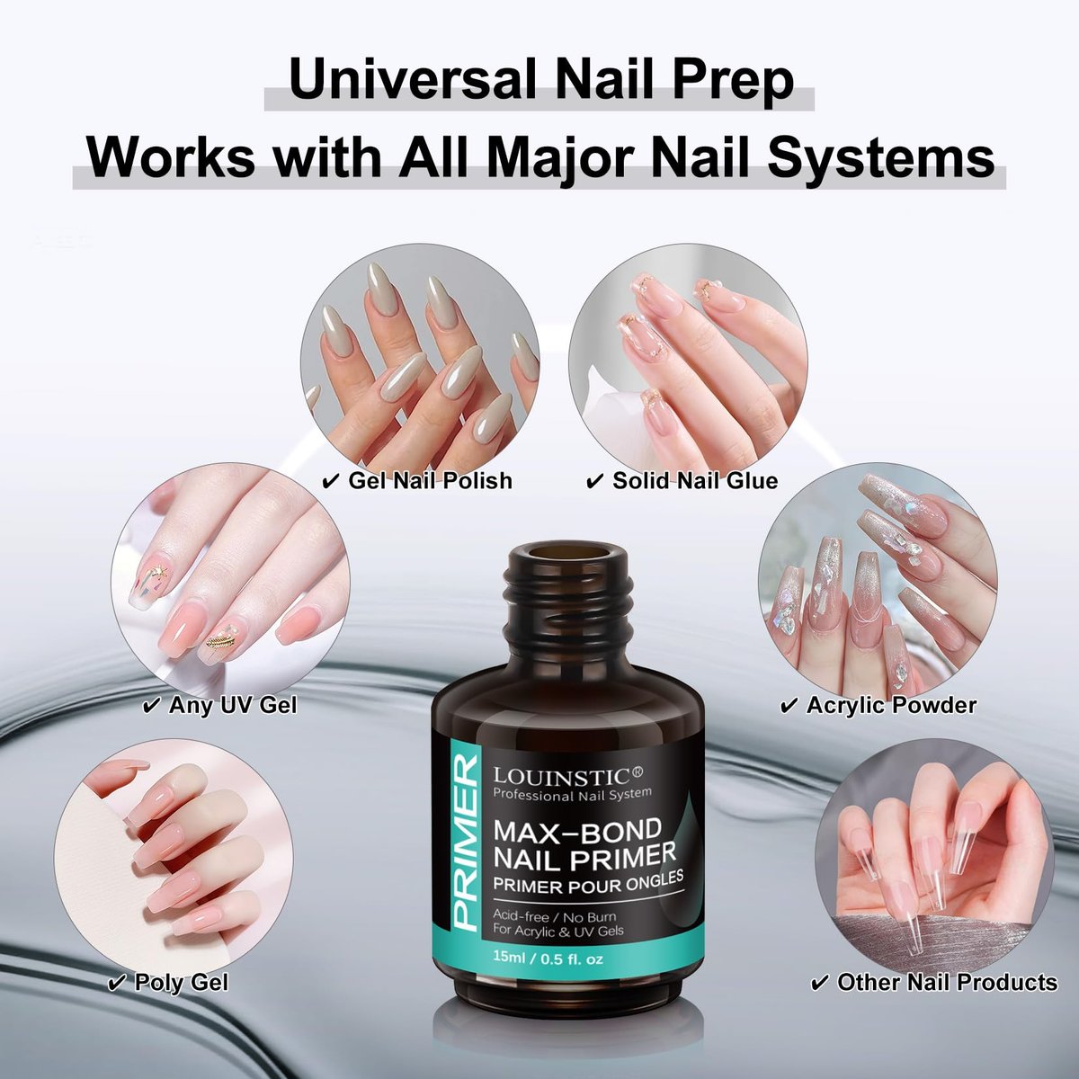 LOUINSTIC Acid-Free Nail Primer 15ml - Hema-Free Nail Prep for UV Gel, Builder Gel, Gel Polish & Acrylic Nails - No-Burn & No-Lift - Quick Air Dry, Low-Odor, Low-Irritant, Salon & Home Use - görsel 9