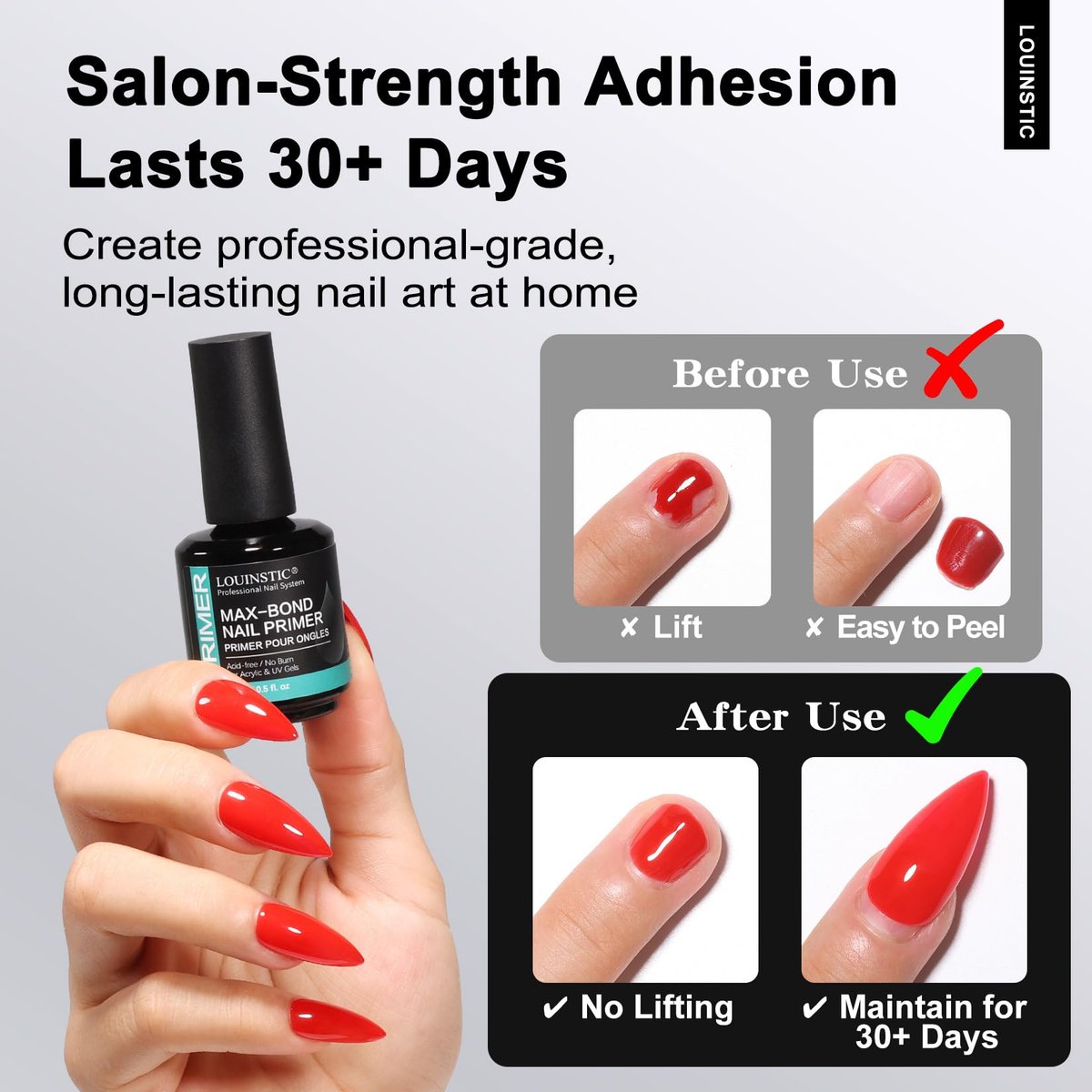 LOUINSTIC Acid-Free Nail Primer 15ml - Hema-Free Nail Prep for UV Gel, Builder Gel, Gel Polish & Acrylic Nails - No-Burn & No-Lift - Quick Air Dry, Low-Odor, Low-Irritant, Salon & Home Use - görsel 3