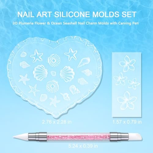 Furtherpretty 3PCS Nail Art Silicone Molds Set - Clear 3D Plumeria Flower & Ocean Seashell Nail Charm Molds with Carving Pen for DIY Manicure - görsel 4