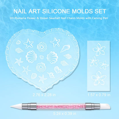 Furtherpretty 3PCS Nail Art Silicone Molds Set - Clear 3D Plumeria Flower & Ocean Seashell Nail Charm Molds with Carving Pen for DIY Manicure
