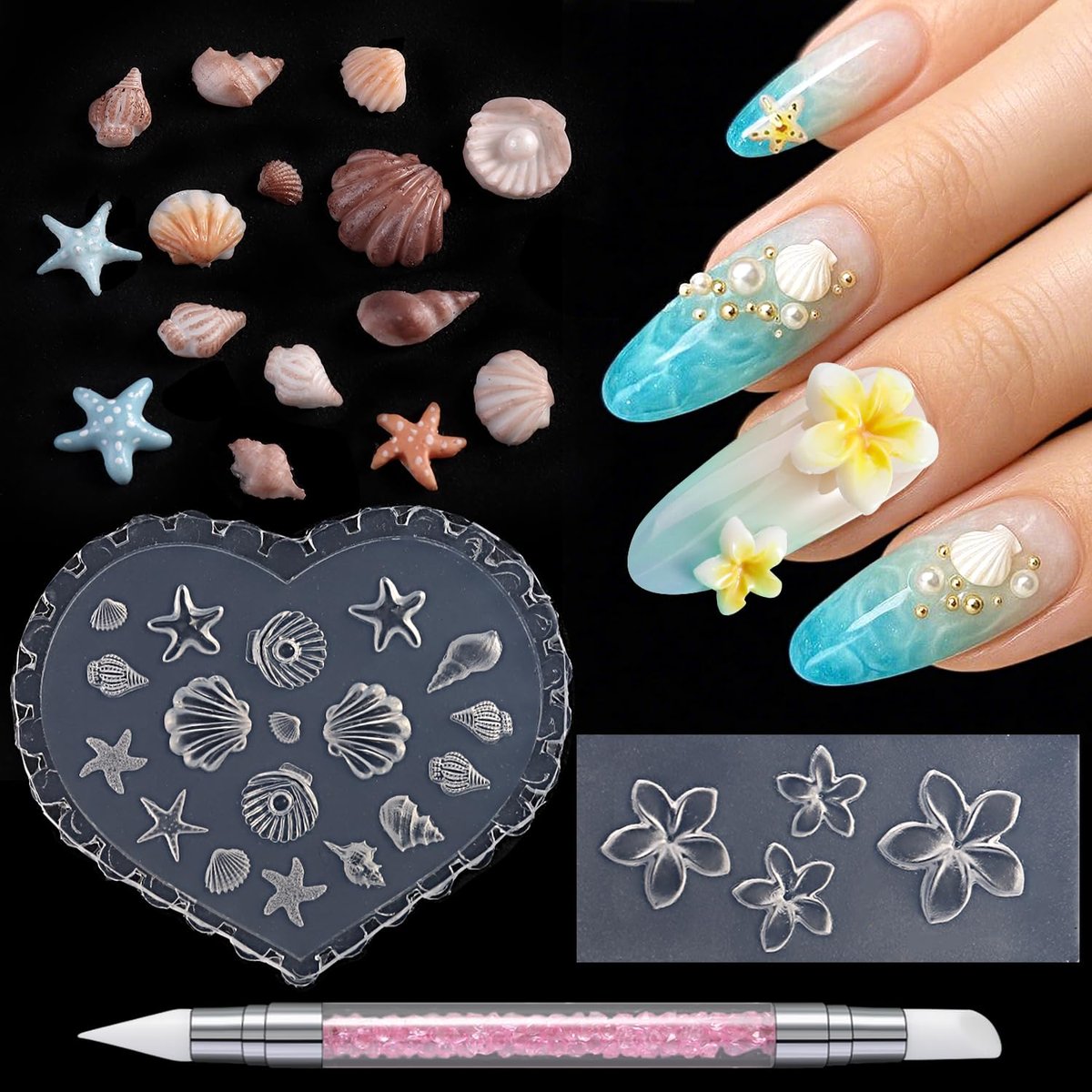 Furtherpretty 3PCS Nail Art Silicone Molds Set - Clear 3D Plumeria Flower & Ocean Seashell Nail Charm Molds with Carving Pen for DIY Manicure - görsel 1