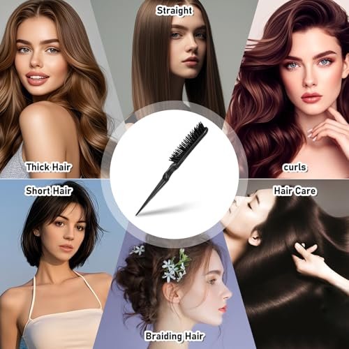 Teasing Boar Bristle Hair Brush for Women - Black Nylon & Boar Bristle Salon Styling Brush for Fine Hair, Edge Control, and Backcombing - görsel 7