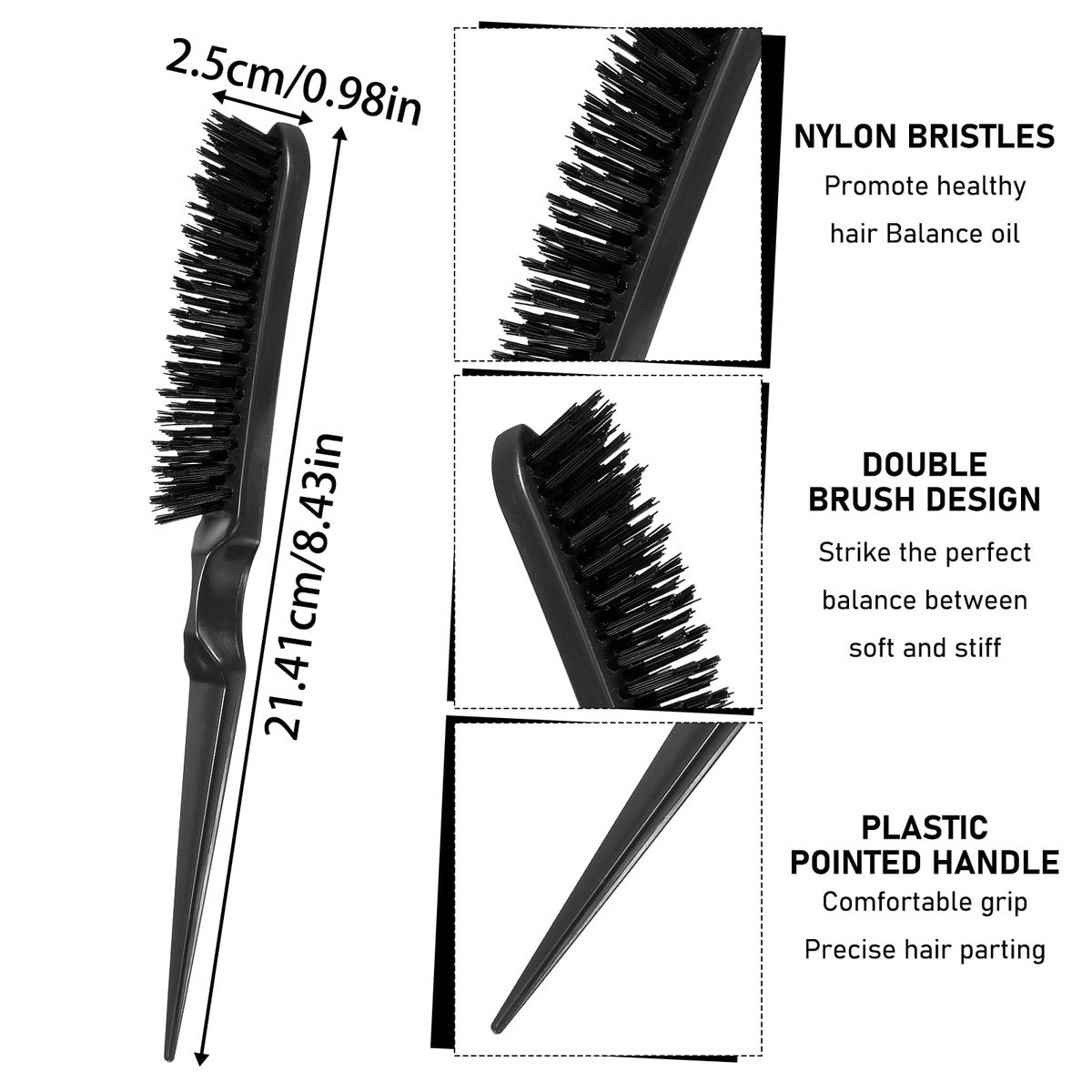 Teasing Boar Bristle Hair Brush for Women - Black Nylon & Boar Bristle Salon Styling Brush for Fine Hair, Edge Control, and Backcombing - görsel 4