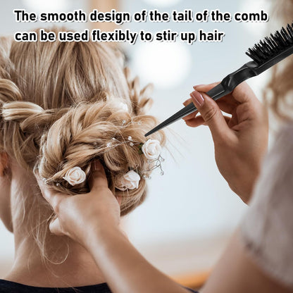 Teasing Boar Bristle Hair Brush for Women - Black Nylon & Boar Bristle Salon Styling Brush for Fine Hair, Edge Control, and Backcombing