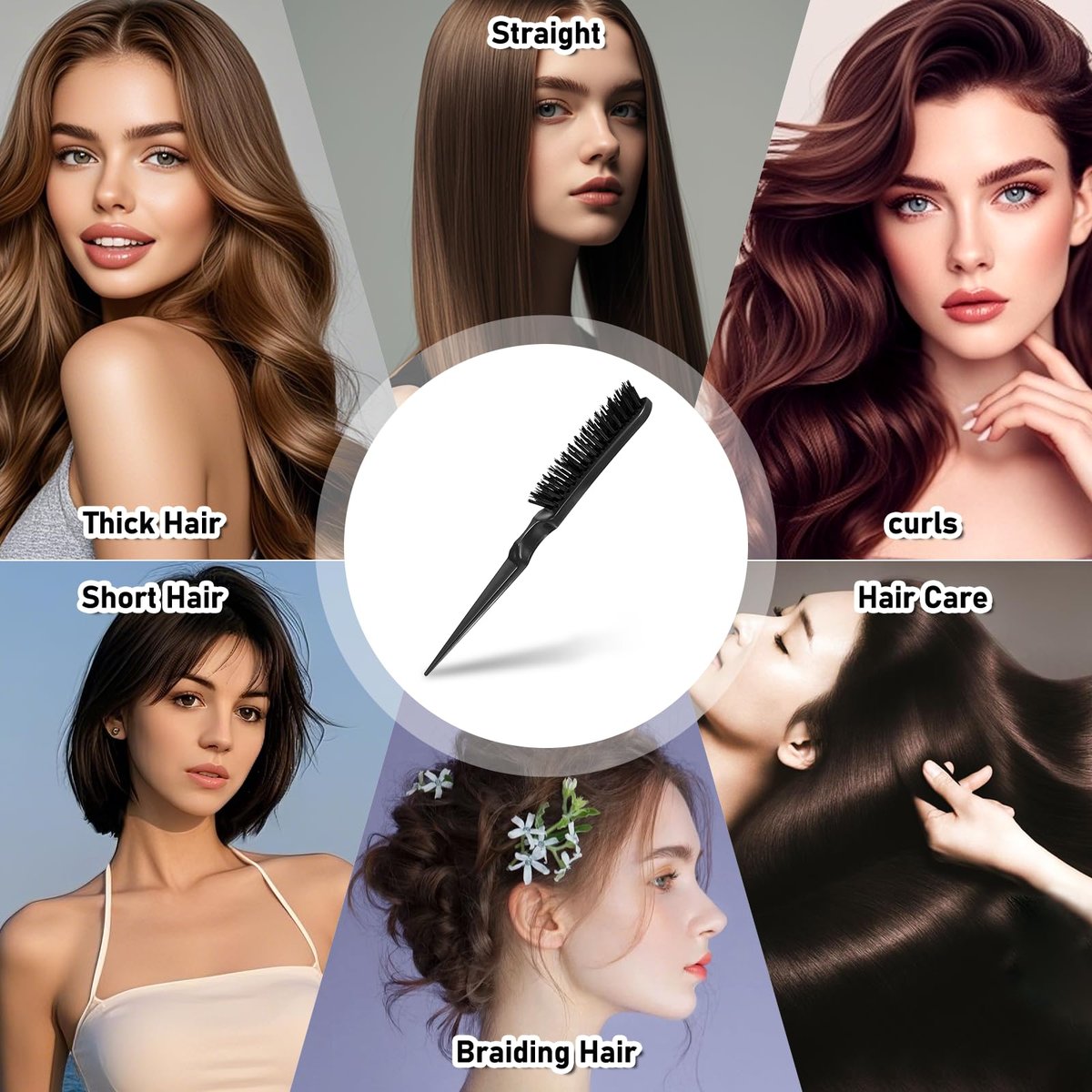 Teasing Boar Bristle Hair Brush for Women - Black Nylon & Boar Bristle Salon Styling Brush for Fine Hair, Edge Control, and Backcombing - görsel 8