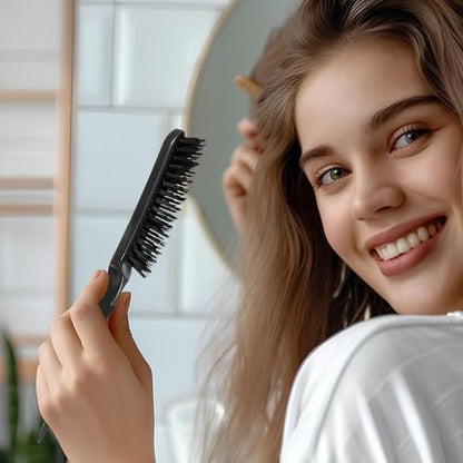 Teasing Boar Bristle Hair Brush for Women - Black Nylon & Boar Bristle Salon Styling Brush for Fine Hair, Edge Control, and Backcombing