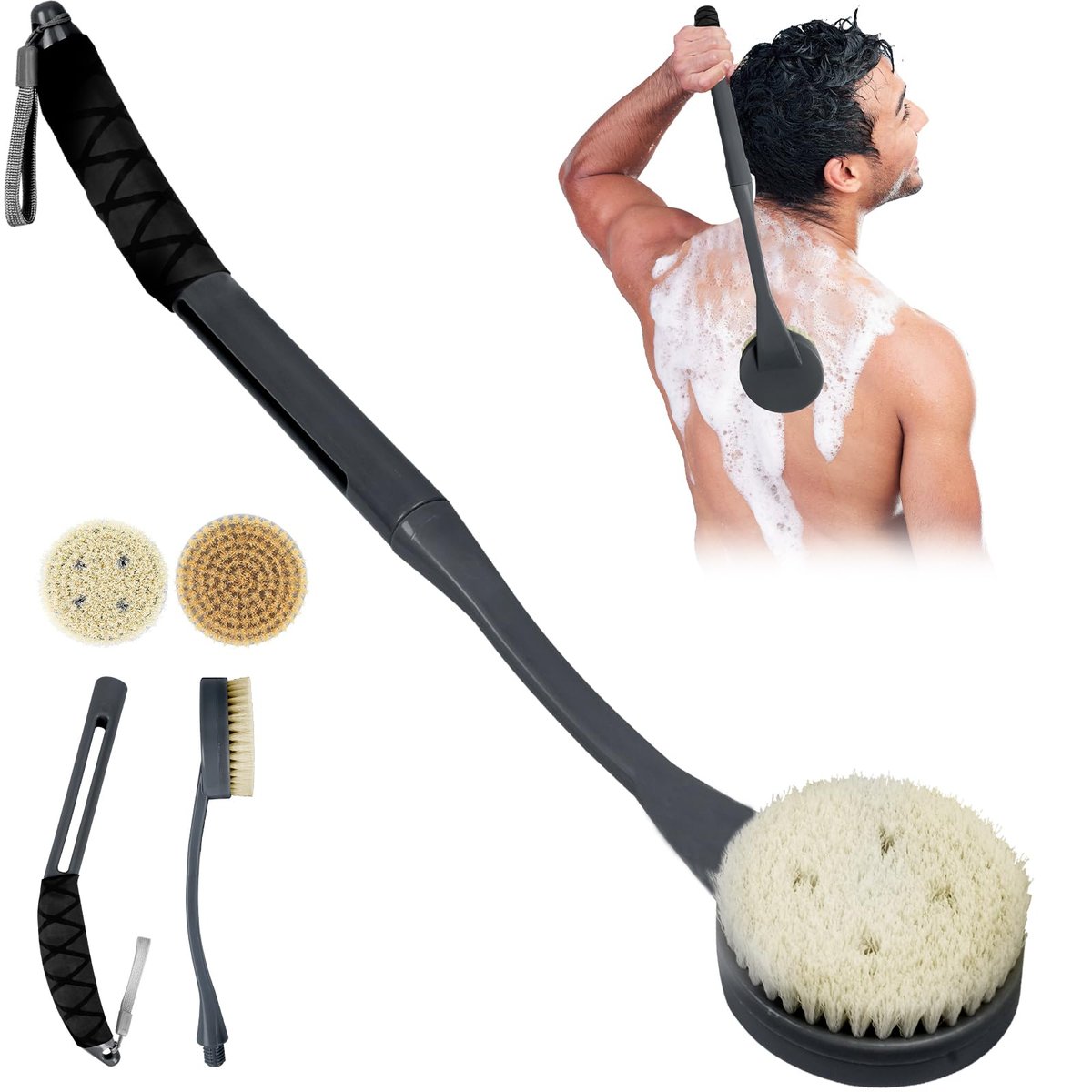 20.5" Anti-Slip Long Handle Back Scrubber for Shower - Detachable Heads with Stiff & Soft Bristles, Exfoliating Bath Brush for Women, Men, Elderly - görsel 1