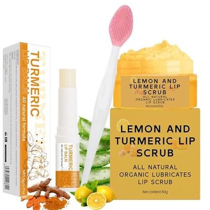3-Piece Turmeric and Lemon Lip Scrub & Turmeric Lip Balm with Brush Set – Exfoliate, Nourish & Hydrate Dry, Chapped Lips