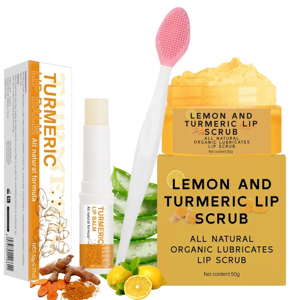3-Piece Turmeric and Lemon Lip Scrub & Turmeric Lip Balm with Brush Set – Exfoliate, Nourish & Hydrate Dry, Chapped Lips - görsel 1