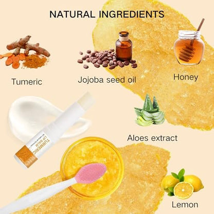 3-Piece Turmeric and Lemon Lip Scrub & Turmeric Lip Balm with Brush Set – Exfoliate, Nourish & Hydrate Dry, Chapped Lips