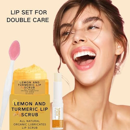 3-Piece Turmeric and Lemon Lip Scrub & Turmeric Lip Balm with Brush Set – Exfoliate, Nourish & Hydrate Dry, Chapped Lips