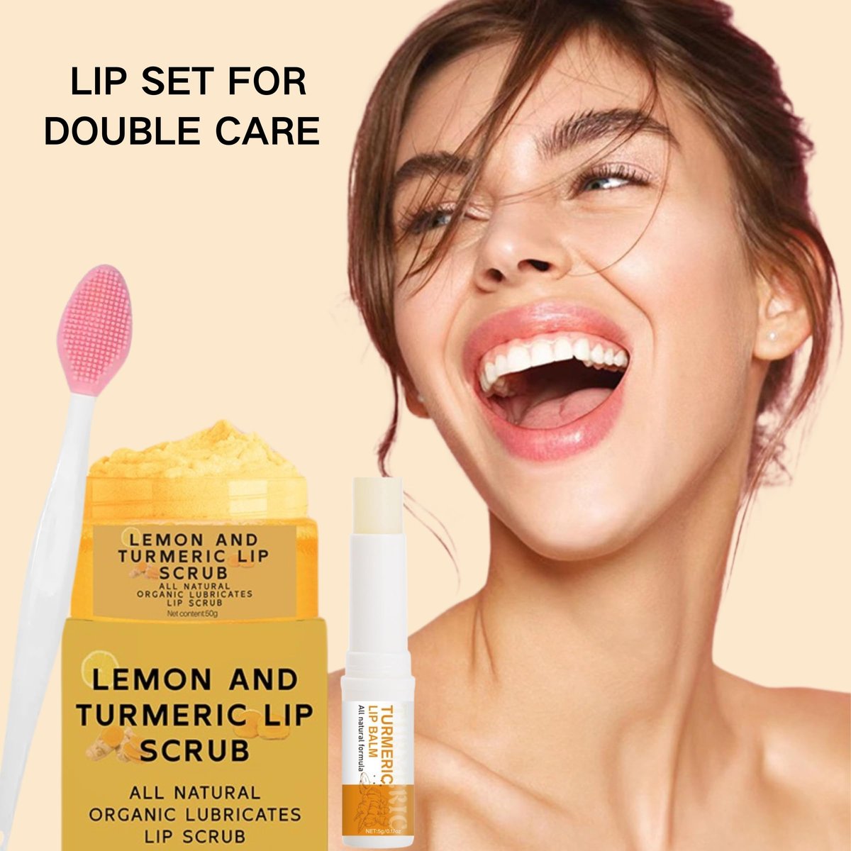 3-Piece Turmeric and Lemon Lip Scrub & Turmeric Lip Balm with Brush Set – Exfoliate, Nourish & Hydrate Dry, Chapped Lips - görsel 3