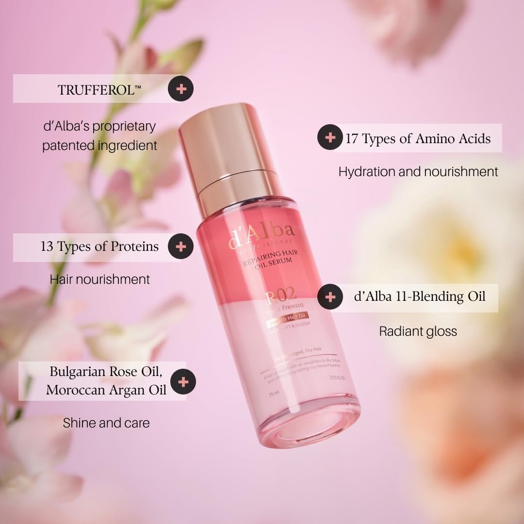 d'alba Piedmont Professional Repairing Hair Oil Serum - Silky & Glossy Hair, Lightweight Finish, Argan Oil & Amino Acid Complex, 2.54 fl oz Avelisse
