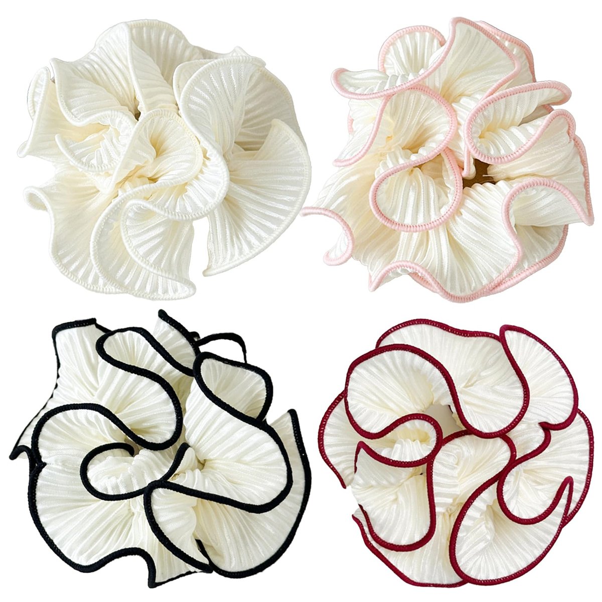 Qigfucm 4 Pack Oversized Puffy Hair Scrunchies - 4.72 Inch Double Layer Pleated Ruffle Design, White with Colored Trim, Extra Large Hair Ties for Buns Ponytail Holders for Voluminous Look - görsel 2