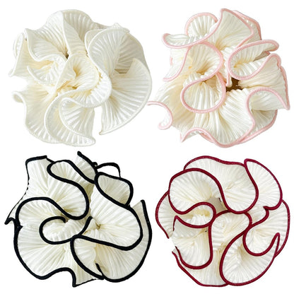 Qigfucm 4 Pack Oversized Puffy Hair Scrunchies - 4.72 Inch Double Layer Pleated Ruffle Design, White with Colored Trim, Extra Large Hair Ties for Buns Ponytail Holders for Voluminous Look