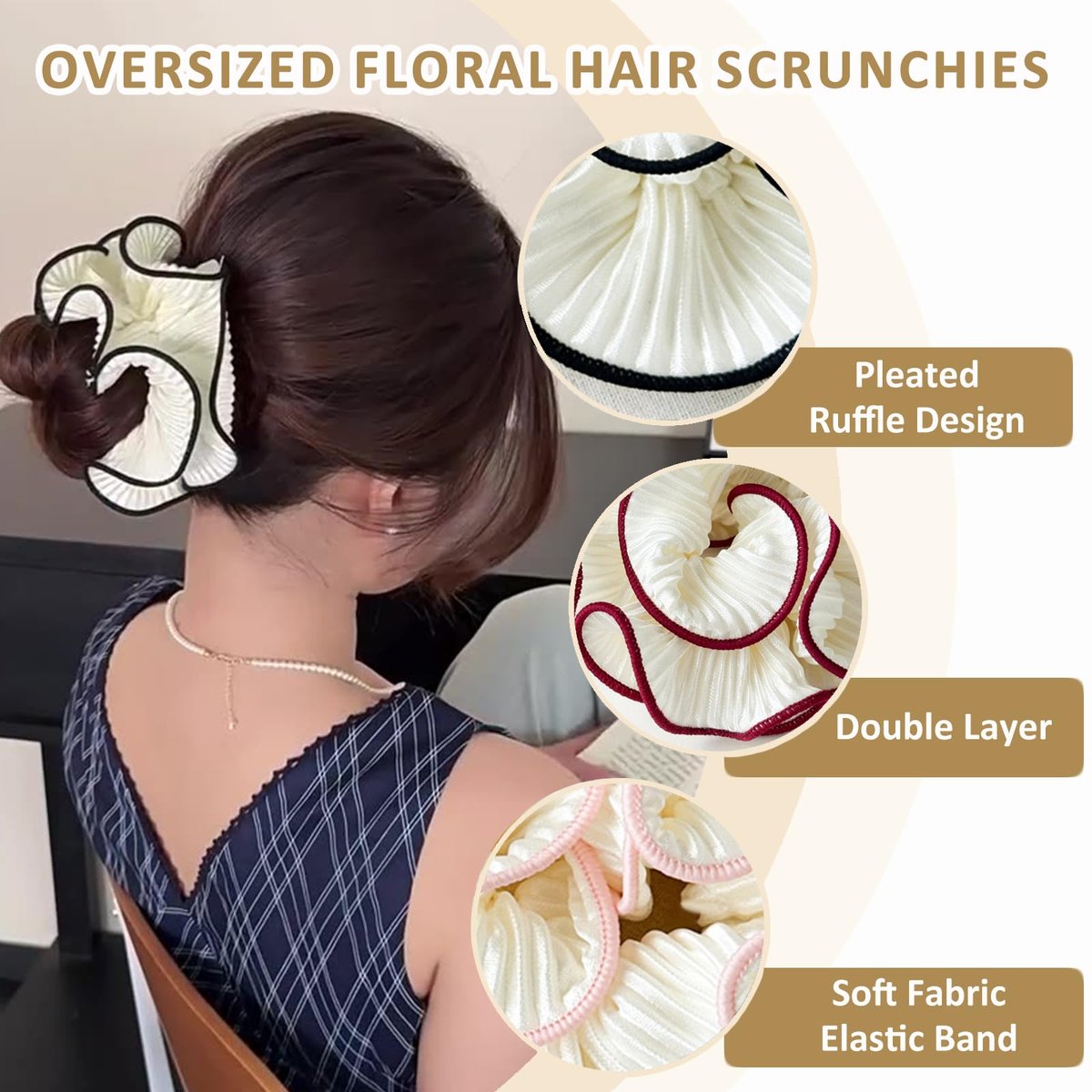 Qigfucm 4 Pack Oversized Puffy Hair Scrunchies - 4.72 Inch Double Layer Pleated Ruffle Design, White with Colored Trim, Extra Large Hair Ties for Buns Ponytail Holders for Voluminous Look - görsel 4