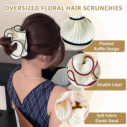 Qigfucm 4 Pack Oversized Puffy Hair Scrunchies - 4.72 Inch Double Layer Pleated Ruffle Design, White with Colored Trim, Extra Large Hair Ties for Buns Ponytail Holders for Voluminous Look