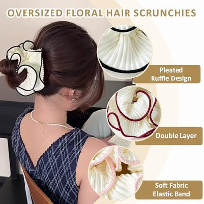 Qigfucm 4 Pack Oversized Puffy Hair Scrunchies - 4.72 Inch Double Layer Pleated Ruffle Design, White with Colored Trim, Extra Large Hair Ties for Buns Ponytail Holders for Voluminous Look