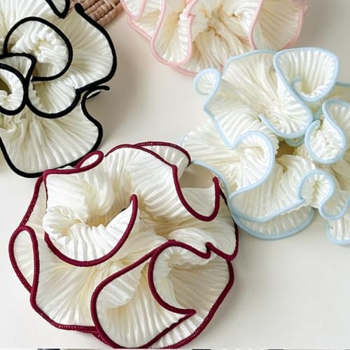 Qigfucm 4 Pack Oversized Puffy Hair Scrunchies - 4.72 Inch Double Layer Pleated Ruffle Design, White with Colored Trim, Extra Large Hair Ties for Buns Ponytail Holders for Voluminous Look - görsel 7