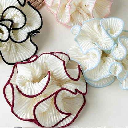 Qigfucm 4 Pack Oversized Puffy Hair Scrunchies - 4.72 Inch Double Layer Pleated Ruffle Design, White with Colored Trim, Extra Large Hair Ties for Buns Ponytail Holders for Voluminous Look