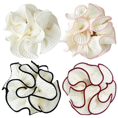 Qigfucm 4 Pack Oversized Puffy Hair Scrunchies - 4.72 Inch Double Layer Pleated Ruffle Design, White with Colored Trim, Extra Large Hair Ties for Buns Ponytail Holders for Voluminous Look