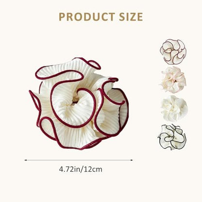 Qigfucm 4 Pack Oversized Puffy Hair Scrunchies - 4.72 Inch Double Layer Pleated Ruffle Design, White with Colored Trim, Extra Large Hair Ties for Buns Ponytail Holders for Voluminous Look