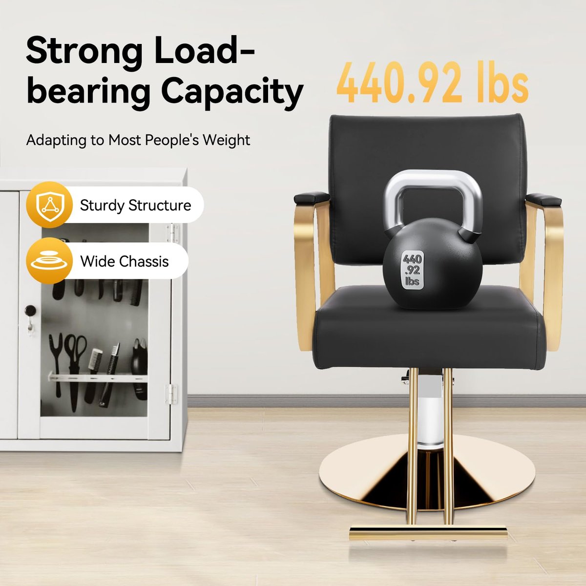 SJXHRFXY 360° Rotating Salon Chair – Heavy Duty Barber Chair with 440lbs Capacity, Adjustable Hydraulic PU Cushion, Black & Gold for Hair Stylist, Beauty Salon, Spa - görsel 11