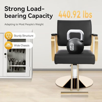SJXHRFXY 360° Rotating Salon Chair – Heavy Duty Barber Chair with 440lbs Capacity, Adjustable Hydraulic PU Cushion, Black & Gold for Hair Stylist, Beauty Salon, Spa