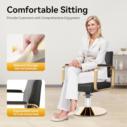 SJXHRFXY 360° Rotating Salon Chair – Heavy Duty Barber Chair with 440lbs Capacity, Adjustable Hydraulic PU Cushion, Black & Gold for Hair Stylist, Beauty Salon, Spa - görsel 8