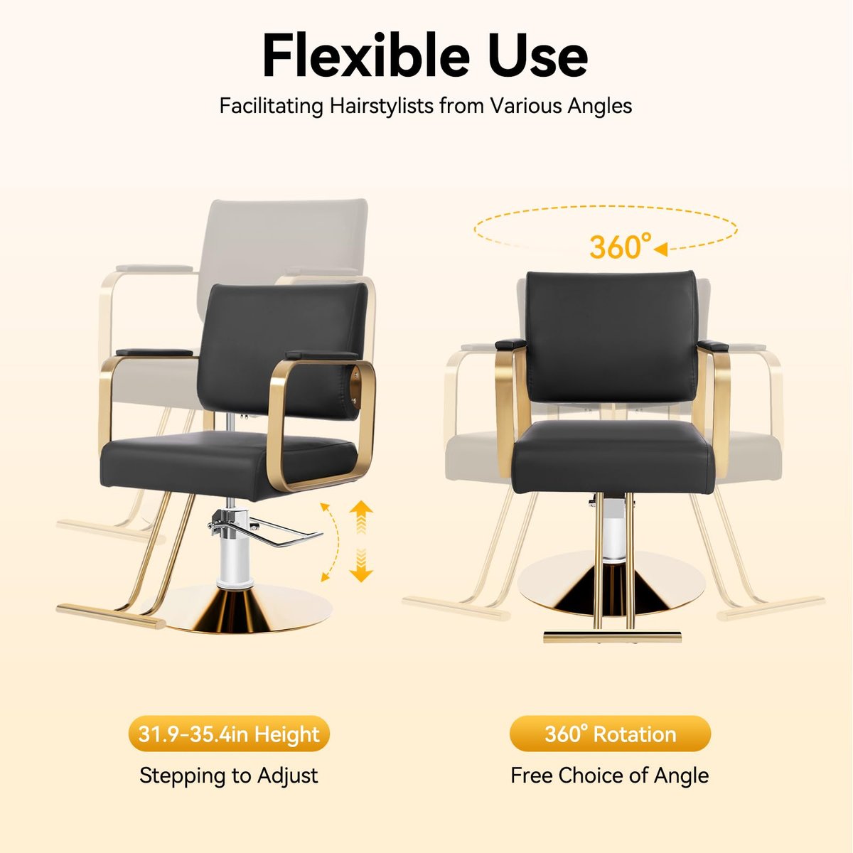 SJXHRFXY 360° Rotating Salon Chair – Heavy Duty Barber Chair with 440lbs Capacity, Adjustable Hydraulic PU Cushion, Black & Gold for Hair Stylist, Beauty Salon, Spa - görsel 5