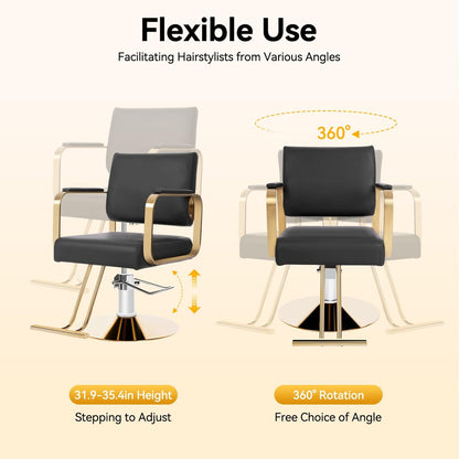 SJXHRFXY 360° Rotating Salon Chair – Heavy Duty Barber Chair with 440lbs Capacity, Adjustable Hydraulic PU Cushion, Black & Gold for Hair Stylist, Beauty Salon, Spa
