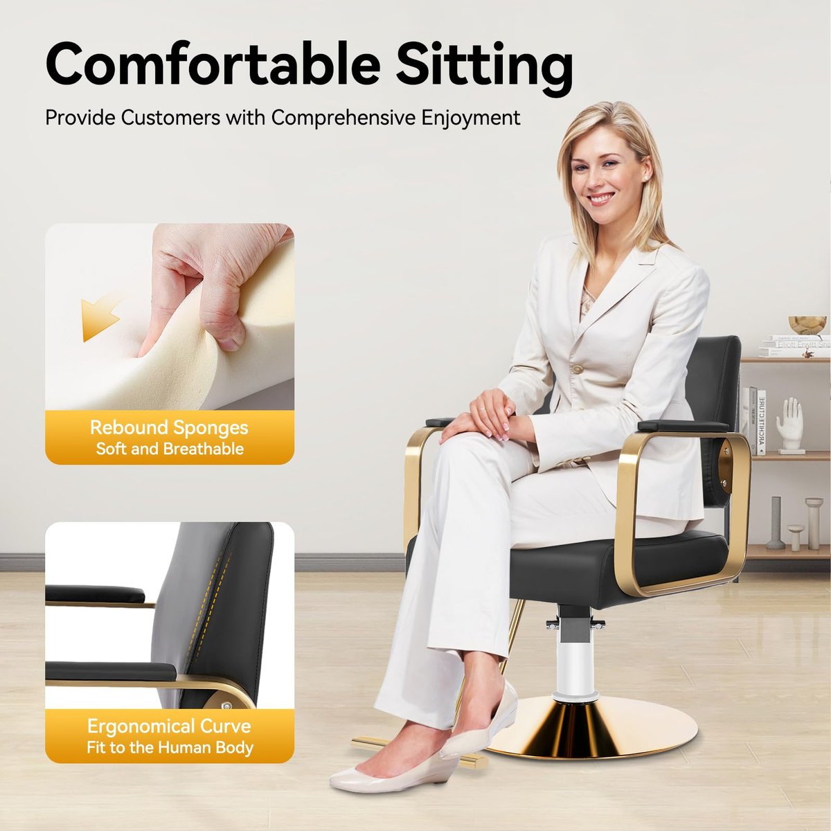SJXHRFXY 360° Rotating Salon Chair – Heavy Duty Barber Chair with 440lbs Capacity, Adjustable Hydraulic PU Cushion, Black & Gold for Hair Stylist, Beauty Salon, Spa - görsel 7