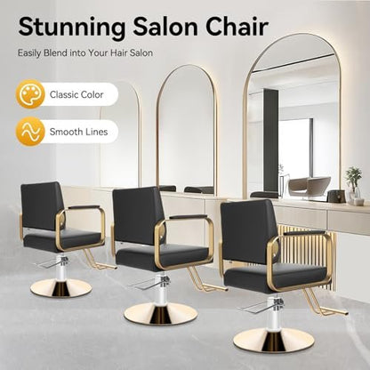 SJXHRFXY 360° Rotating Salon Chair – Heavy Duty Barber Chair with 440lbs Capacity, Adjustable Hydraulic PU Cushion, Black & Gold for Hair Stylist, Beauty Salon, Spa